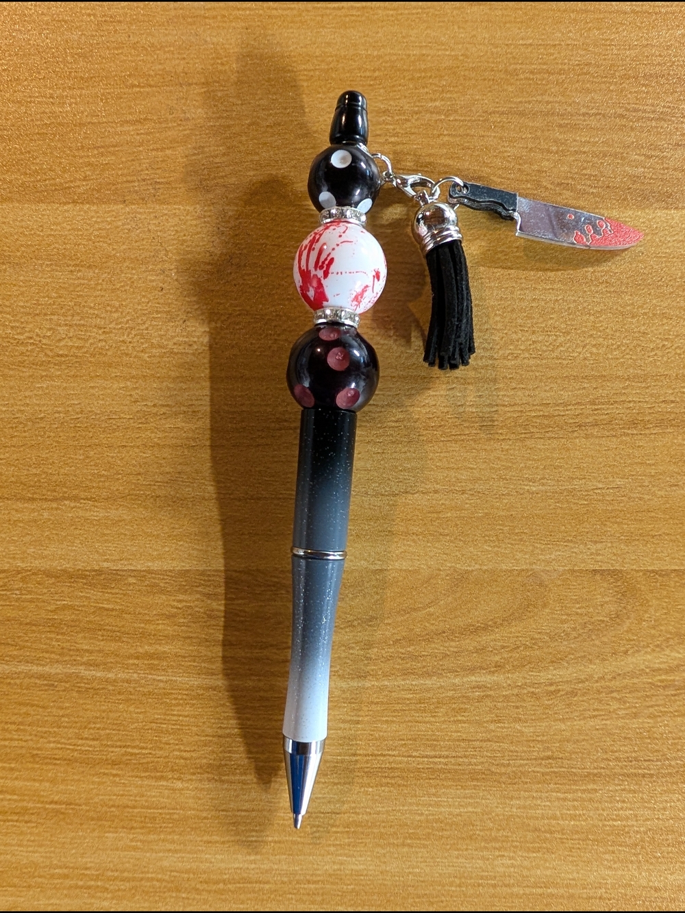 Hand Crafted Black White Red Beaded Tassel Ballpoint Pen